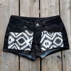 Black Tribal Print Jean Shorts